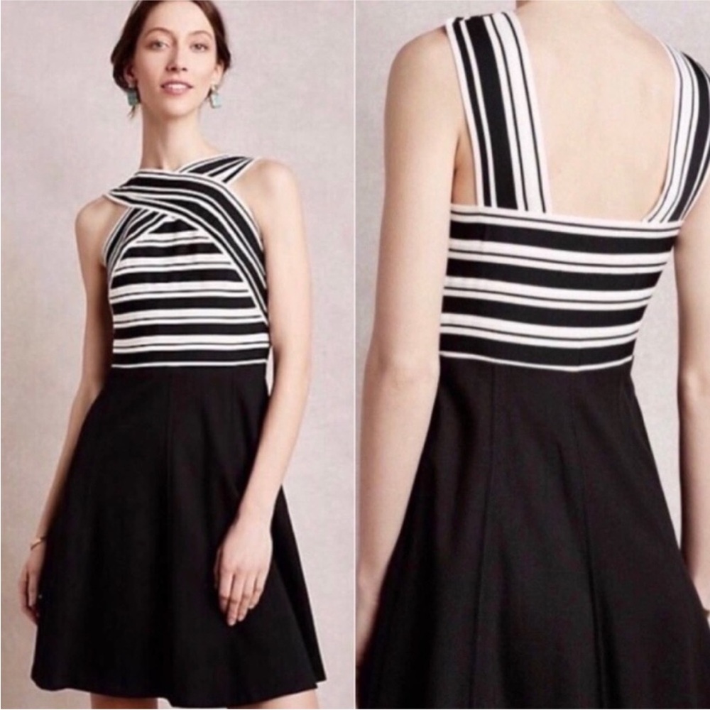 ANTHROPOLOGIE Maeve  Crosswise Flare Dress Striped Black & White Sz 6
